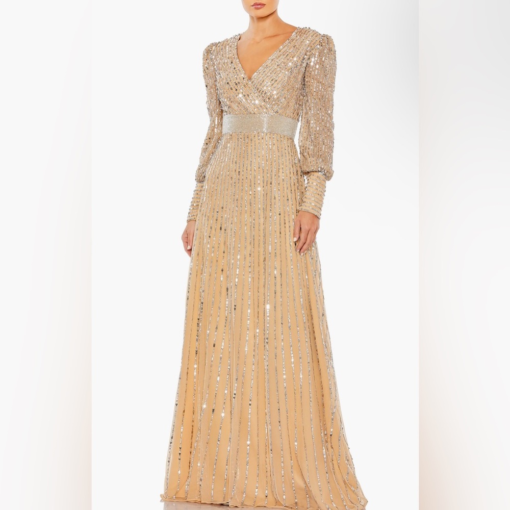 Mac Duggal Beige Sequined Wrap Over Bishop Sleeve Gown Sz 12 Style #5720